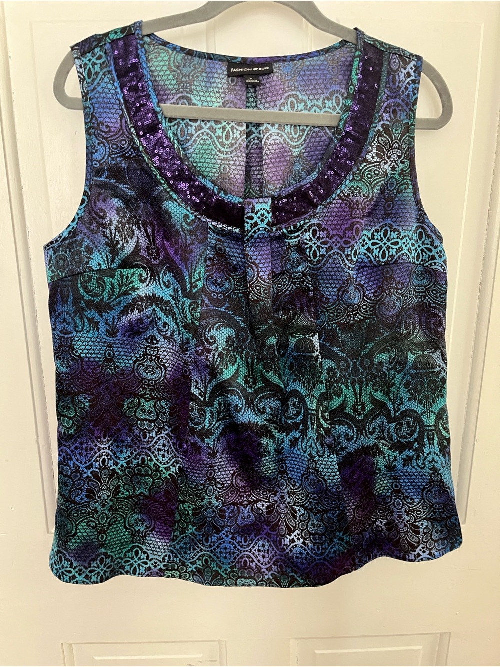 Size L Purple Teal Blouse Sleeveless Sequin Trim Edge